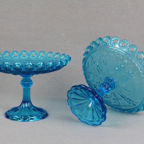 Antique shops Fruit Bowls Blue Depression Glass Pressed Glassware Tazza Bowl Dishes A Vintage Pair