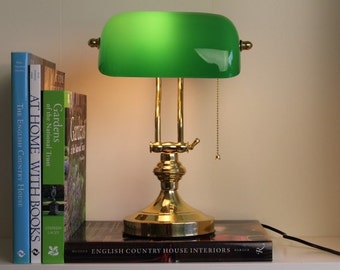 Solid Brass Bankers Lamp Art Deco Office Desktop Green Glass Shade England library university classic mantique tiffany Gift Idea Him Her