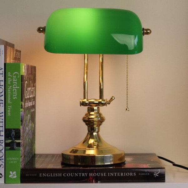 Solid Brass Bankers Lamp Art Deco Office Desktop Green Glass Shade England library university classic mantique tiffany Gift Idea Him Her