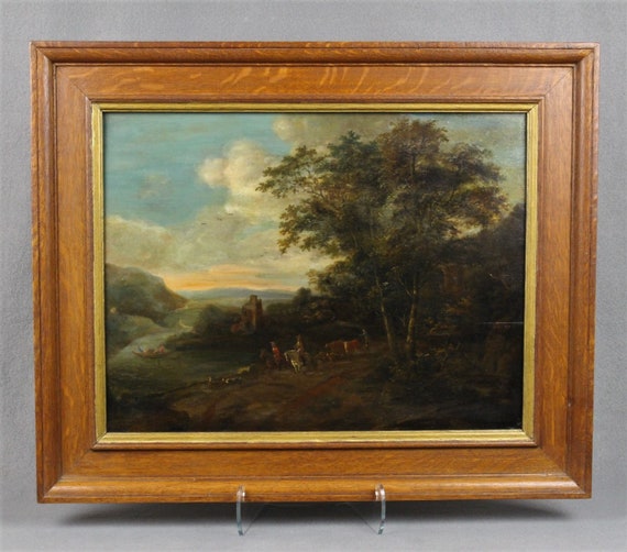 Old Master Painting Landscape With Travelers On A Path Dutch Oil Panel