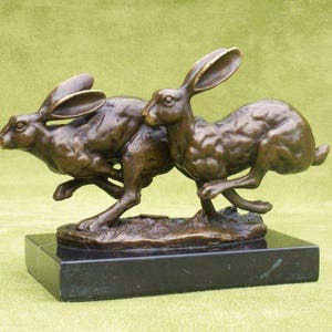 Bronze sculpture Running Hares on Marble base statue figurine animal art rabbit hare nature