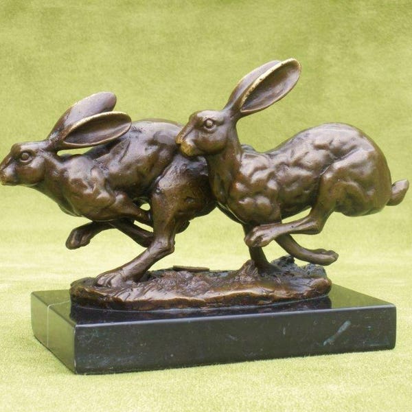 Bronze Skulptur Laufende Hasen auf Marmorsockel Statue Figur Tier Kunst Kaninchen Hase Natur