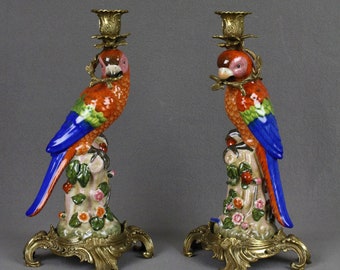 Parrot Candlesticks Porcelain Figure Candle Holder Boho Chic Colorful Bird Figurine Statement Piece Eye Catcher A Pair