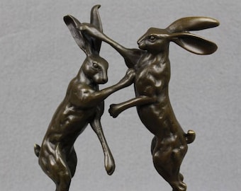 Bronze Sculpture Boxing Hares on Marble Base statue figure animal art rabbit hare nature