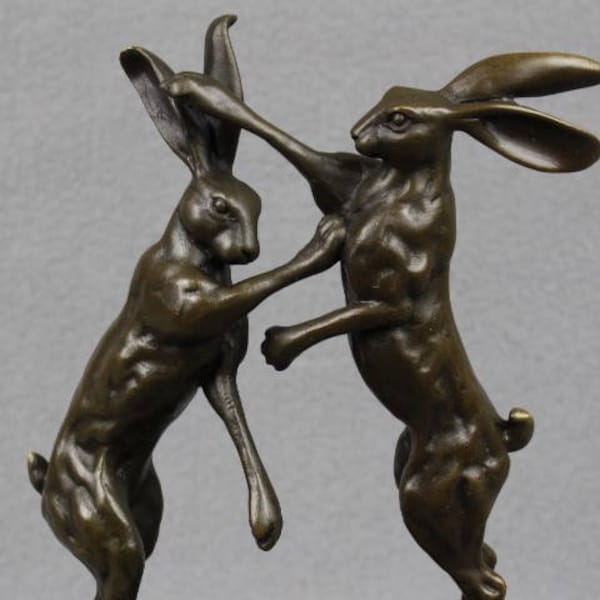 Bronze Sculpture Boxing Hares on Marble Base statue figure animal art rabbit hare nature