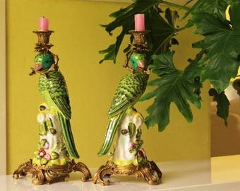Vintage porcelain Parrot figurine candlesticks bronze Candelabra candleholders colorful bird hollywood regency mid century modern chic pair