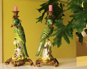 Papegaai Kandelaars Porselein Figuur Kandelaar Boho Chic Kleurrijke Vogel Beeldje Statement Stuk Eye Catcher Een Paar