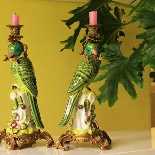 Parrot Candlesticks Porcelain Figure Candle Holder Boho Chic Etsy