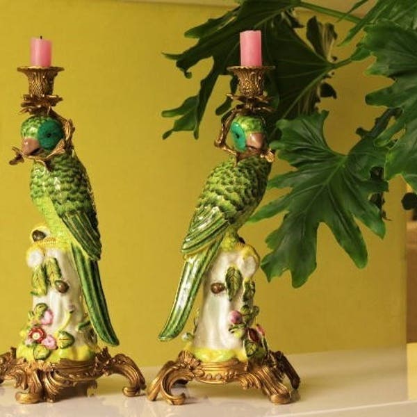 Parrot Candlesticks Porcelain Figure Candle Holder Boho Chic Colorful Bird Figurine Statement Piece Eye Catcher A Pair