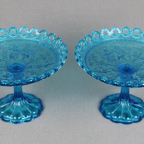 Antique shops Fruit Bowls Blue Depression Glass Pressed Glassware Tazza Bowl Dishes A Vintage Pair