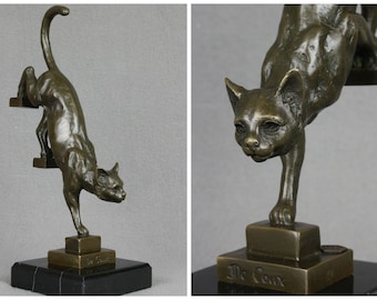 Bronze Cat Sculpture Modern Art Statue Figure Art Deco Cat Lover Gift Idea Signed Artwork on Marble Base