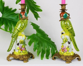 Parrot Candlesticks Porcelain Figure Candle Holder Boho Chic Colorful Bird Accent Statement Piece Eye Catcher A Pair