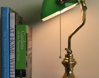 Solid Brass Bankers Lamp Art Deco Office Desktop Green Glass Shade