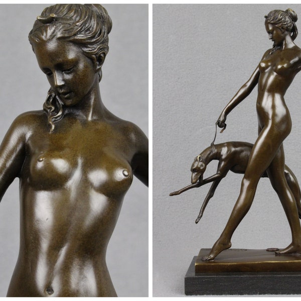 Bronze Sculpture Goddess Diana with her Hunting Dog on Marble Base Female Nude Greyhound Hound Hunt Art Deco Artwork figurine figure statue