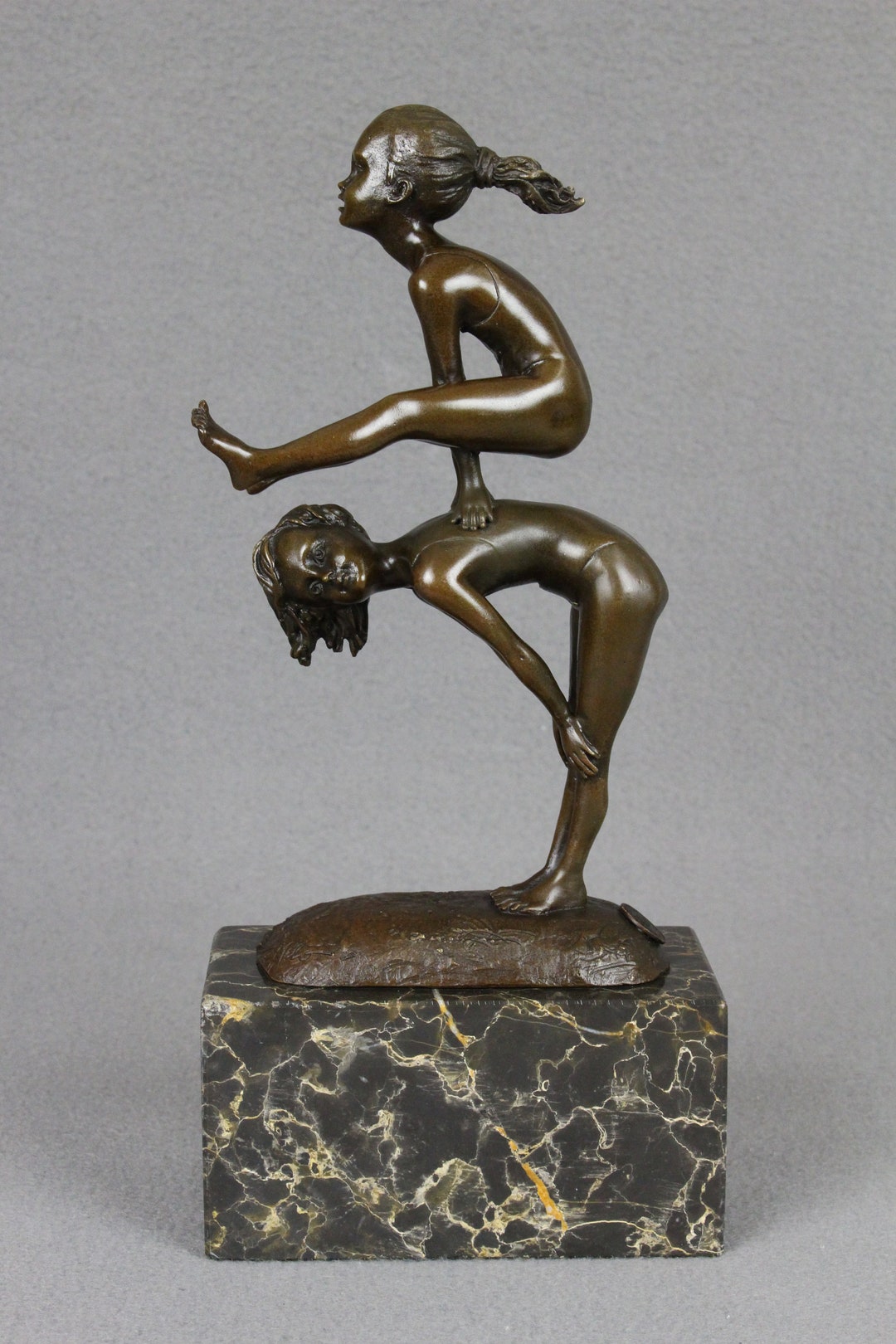 Bronze Sculpture Children Playing on Marble Base Kids Child Little Girl