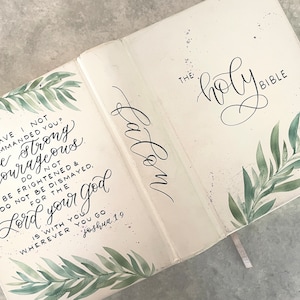 Hand Painted, Watercolor Customized Bible - White & Greenery