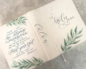 Hand Painted, Watercolor Customized Bible - White & Greenery