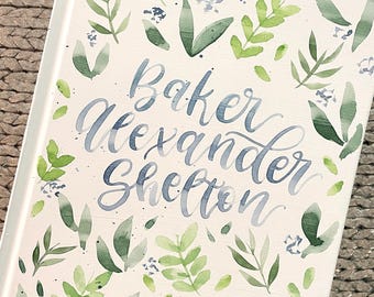 Hand Painted, Watercolor Customized Bible - Blue & Green Foliage