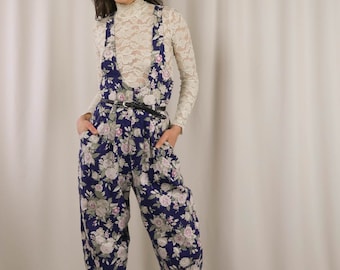 80s cotton floral jumpsuit / sleeveless onesie / overall full length romper / small / medium