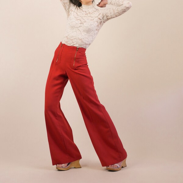 70s bell bottom trousers / double zipper fly wide leg pants / 1970s high waist trousers / small 27 waist