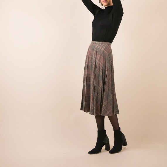 1950s 60s 70s Pastel Plaid A Line Pleated Midi Skirt Wool Winter Fall Holiday Mod Gogo Formal Cute Dressy Swing Beatnik M
