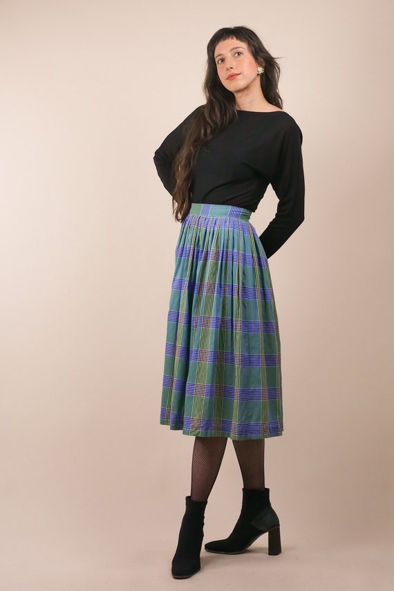 1950s pleated plaid circle skirt / cotton linen mi