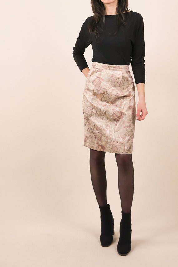 80s metallic floral pencil skirt / large print flo