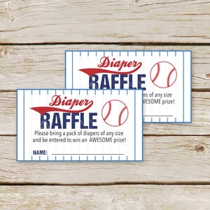 May include: Baseball-themed baby shower diaper raffle tickets. The design features a baseball graphic and the words "Baseball BABY SHOWER diaper raffle tickets" in red and black. The tickets have a baseball and the words "Diaper RAFFLE".