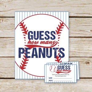 May include: A printable baseball-themed game card with a red, white, and blue baseball graphic. The text reads "Guess how many peanuts".