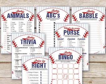 Baseball Baby Shower Games Package - SEVEN printable Baby Shower Games: Bingo, Price is Right, Purse Game - Instant Download