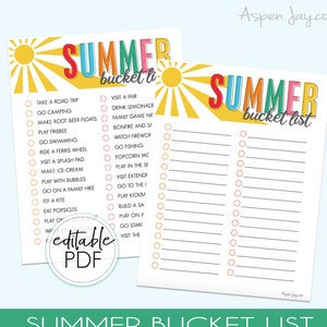 May include: A printable summer bucket list with a yellow sun and colorful text. The list includes activities like taking a road trip, going camping, making root beer floats, playing frisbee, swimming, visiting a fair, drinking lemonade, playing family games, having a bonfire, watching fireworks, going fishing, and more.