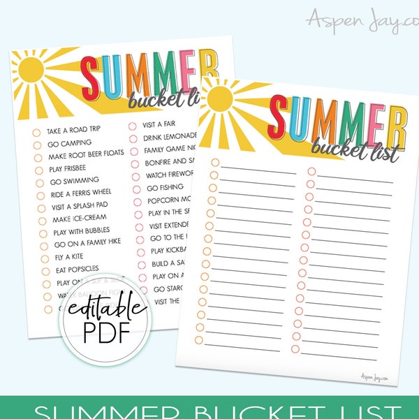 EDITABLE Summer Bucket List - INSTANT DOWNLOAD - Bucket List for Kids - Bucket List personnalisable - Summer Bucket List Poster Template