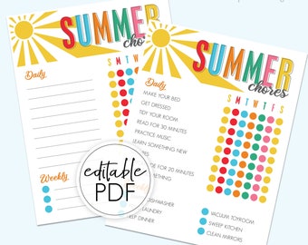 EDITABLE Summer Chore Chart - INSTANT DOWNLOAD - Printable Chore Chart for Kids - customizable Chore Chart - Summer Checklist - routine