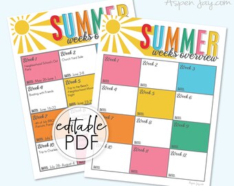 EDITABLE Summer Weeks Calendar Printable  - INSTANT DOWNLOAD - Summer Calendar Poster for Kids, summer planner activities tracker