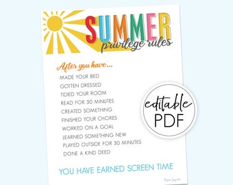 EDITABLE Summer Rules for kids - INSTANT DOWNLOAD - Screen time rules - customizable Summer Rules - Summer Routine, screen time chore chart