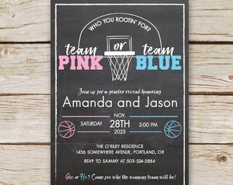 May include: A gender reveal invitation with a basketball theme. The invitation, in a chalkboard style, features pink and blue text, basketball graphics, and event details for Amanda and Jason.