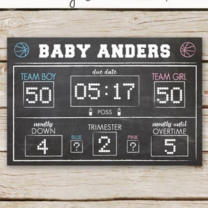 Basketball Gender Reveal Scoreboard DIGITAL PRINTABLE Gender Reveal Sign Basketball Shower Basketball Due Date Sign Pregnancy Stats image 1