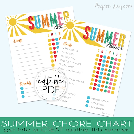 EDITABLE Summer Chore Chart - INSTANT DOWNLOAD - Printable Chore Chart for Kids - customizable Chore Chart - Summer Checklist - routine