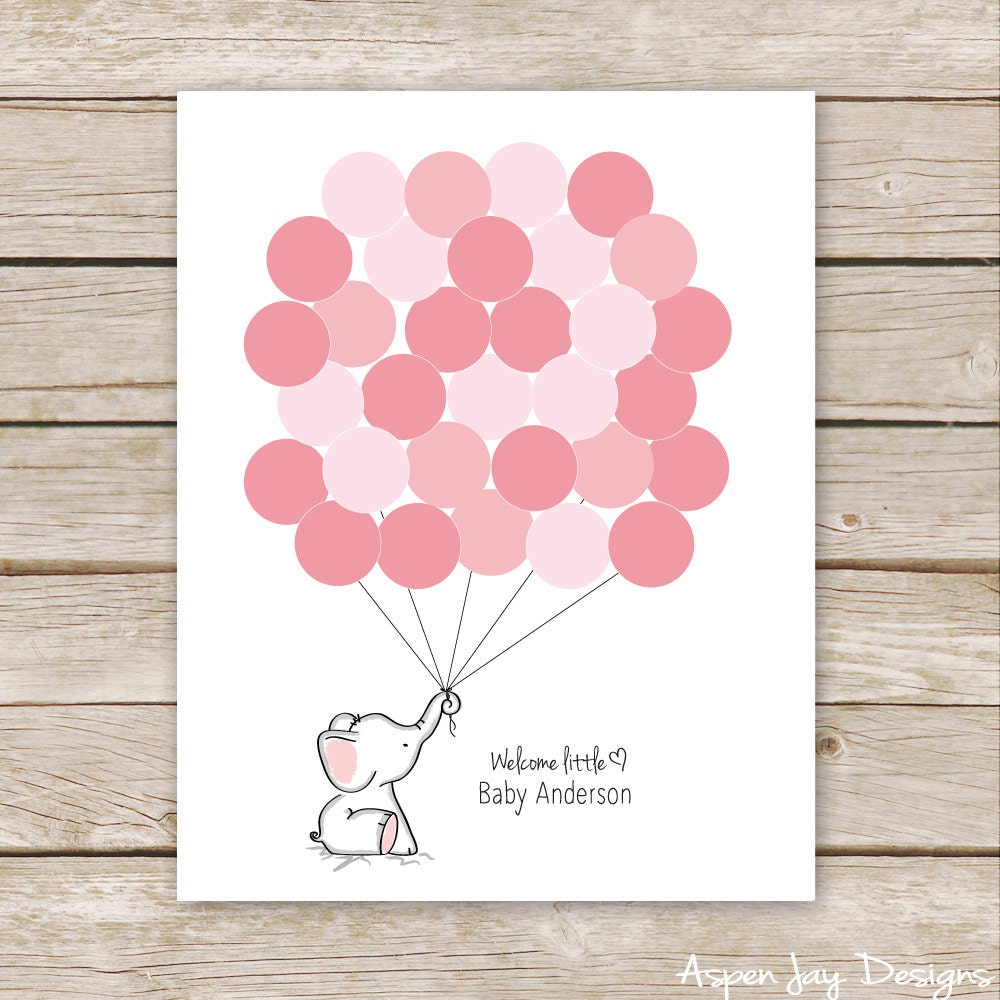 Pink Elephant Baby Shower Guest Book PRINTABLE - Elephant Guest book, Thumbprint Guestbook - thumbprint baby shower - digital file