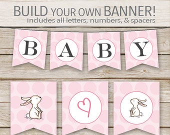 Pink Bunny Baby Shower Banner - Printable Download - Pink Girl Customizable DIY Banner Printable with ALL Letters and Numbers
