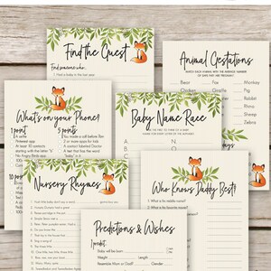 May include: A set of printable baby shower games featuring a fox theme. The games include "Find the Guest", "What's on Your Phone", "Baby Name Race", "Animal Gestations", "Nursery Rhymes", "Who Knows Daddy Best?" and "Predictions & Wishes".