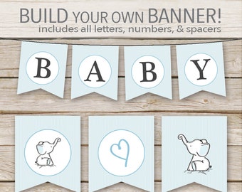 Blue Elephant Baby Shower Banner - Printable Download - Blue Boy Customizable DIY Banner Printable with ALL Letters and Numbers