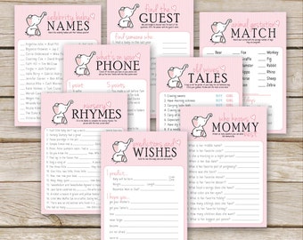 May include: A collection of pink baby shower game cards with an elephant graphic. Games include "Celebrity Baby Names," "Find the Guest," "Animal Gestation Match," and "Who Knows Mommy Best?" The cards have a pink striped background.