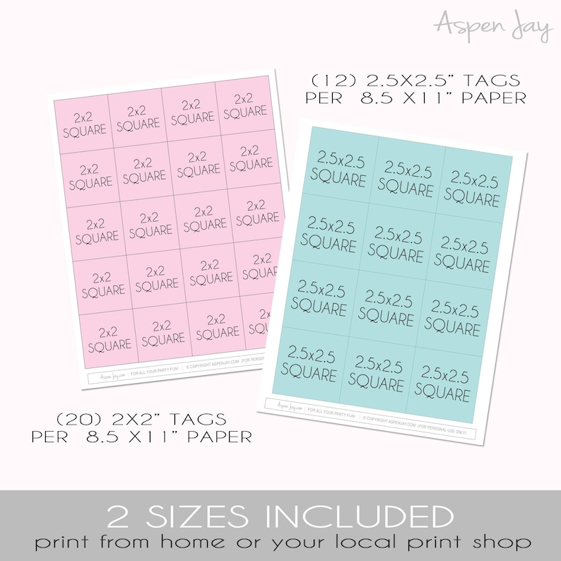 K&ouml;nnte beinhalten: Zwei bedruckbare Bl&auml;tter mit Geschenkanh&auml;ngern in Rosa und Blau. Das rosa Blatt hat 20 quadratische Anh&auml;nger mit einer Gr&ouml;&szlig;e von 2x2 Zoll. Das blaue Blatt hat 12 quadratische Anh&auml;nger mit einer Gr&ouml;&szlig;e von 2,5x2,5 Zoll. Der Text auf den Bl&auml;ttern lautet "(20) 2x2" TAGS PER 8.5 X11" PAPER" und "(12) 2.5X2.5" TAGS PER 8.5 X11" PAPER".