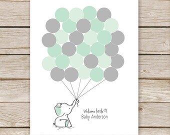 Green Elephant Guest Book PRINTABLE for Baby Shower Birthday - Mint Green Elephant Nursery Art, Thumbprint Guestbook - Mint Elephant