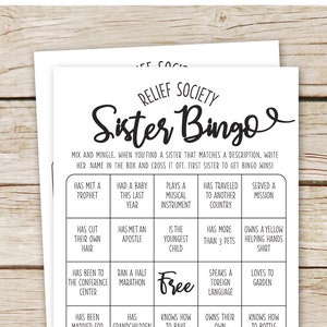 Bingo de la Sociedad de Socorro - Descarga instantánea - Juego de la Sociedad de Socorro - Cumpleaños de la Sociedad de Socorro - Sociedad de Socorro lds - juego rústico para romper el hielo