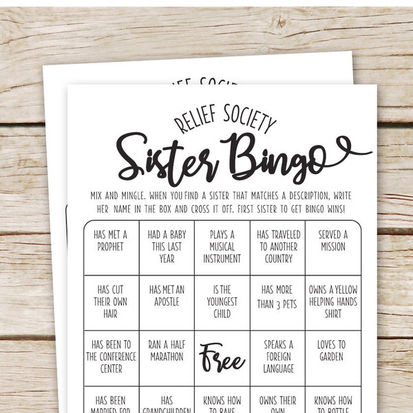 Relief Society Bingo - Instant Download - Relief Society Game - Relief Society birthday - lds Relief Society - rustic icebreaker game