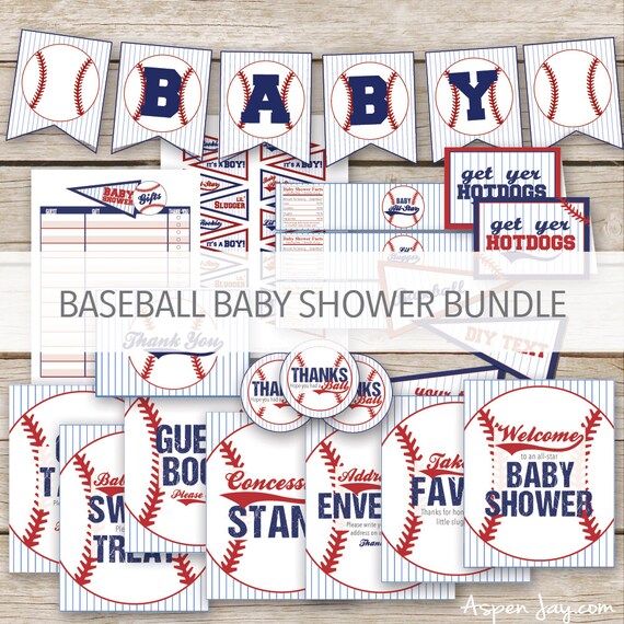 Baseball Baby Shower Package Printable Banner Decorations Cupcake Toppers Signs