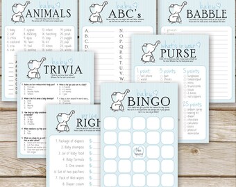 Blue Elephant Baby Shower Games Package - SEVEN printable Boy Baby Shower Games: Bingo, Price is Right, Purse Game - Instant Download