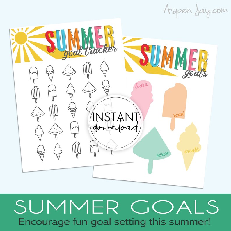 Summer Goal Charts for Kids - INSTANT DOWNLOAD - Goal Template for Kids ...